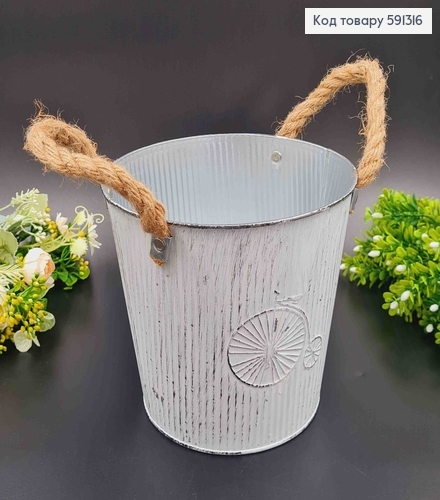 Відерце-кашпо, метал, білого кольору, з ручками з шпагата, висота 16см, Польща 591316 фото 1