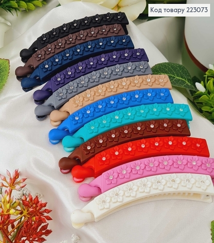 Заколка банан, каучук, цветочек с камешком, 10см цветной в ассорт. 223073 фото 1