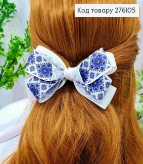 Бант БЕЛЫЙ с Фиолетовым орнаментом, на резинке, ткань репс, размер 10*6см, ручная работа 276105 фото