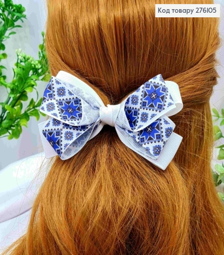 Бант БЕЛЫЙ с Фиолетовым орнаментом, на резинке, ткань репс, размер 10*6см, ручная работа 276105 фото 1