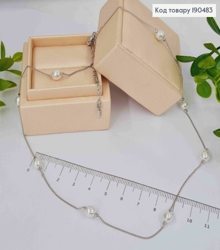 Цепочка родованная с бусинками перламутрового цвета, длина 45+5см, Xuping 190483 фото 1