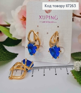 Серьги с большим синим камнем и витком с камешками, длина 2,2см, англ. застежка XUPING 18K 117263 фото