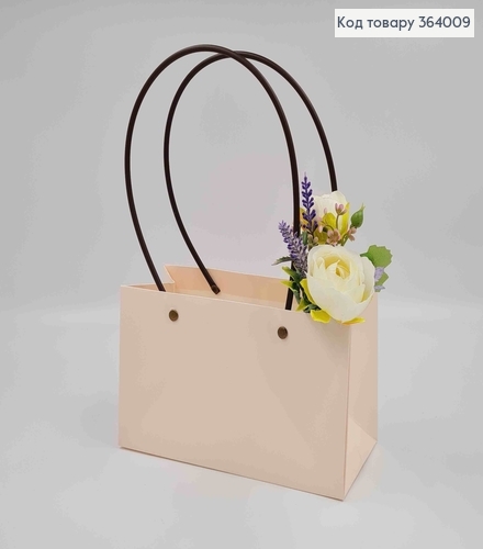 Флористическая сумочка глянцевая ОЛИВНАЯ, для цветов и подарков, с пластиковыми ручками 22*11*13,5см 364009 фото 1