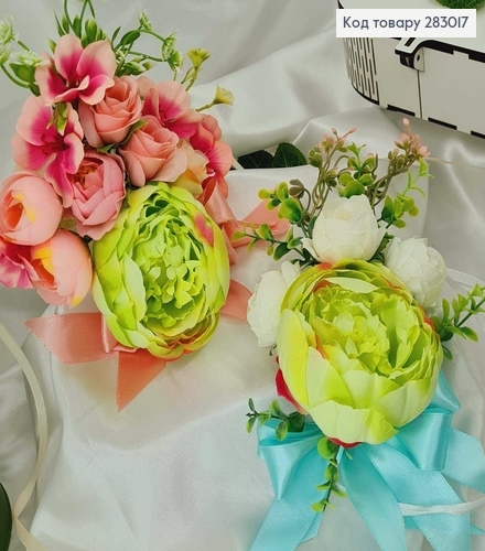 Декоративная повязка для корзины САЛАТОВАЯ в ассорт.(розовые и белые цветы)18*15см на завязках фото 1