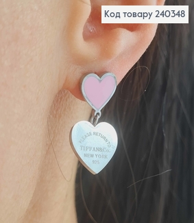 Серьги гвоздики, с подвесками сердечками, с розовой эмалью, серебряного цвета,  сталь Stainless Steel 240348 фото