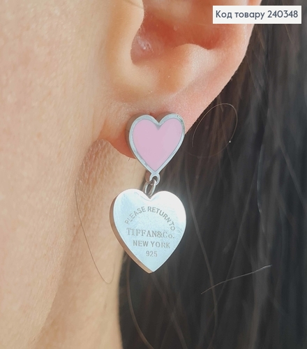 Серьги гвоздики, с подвесками сердечками, с розовой эмалью, серебряного цвета,  сталь Stainless Steel 240348 фото 1