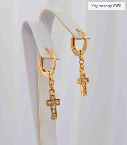 Серьги кольца (1,1см) с подвесным крестом в блестящих камнях (1,2*0,6см), XUPING 18K 119131 фото 1