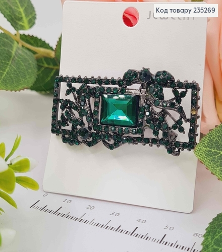 Брошь прямоугольная КОРОЛЕВСКАЯ в камнях ИЗУМРУДНОГО цвета, 6*2см 235269 фото 1