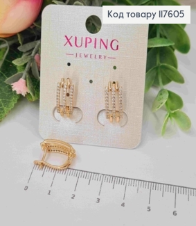 Серьги украшены блестящими камешками в три ряда, 1,6см, англ. застежка, Xuping 18К 117605 фото