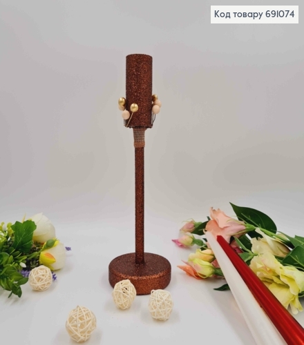 Підсвічник дерев'яний, блиск бронзового кольору, декорований ягодами, висота 28см, підставка 9см  691074 фото 1