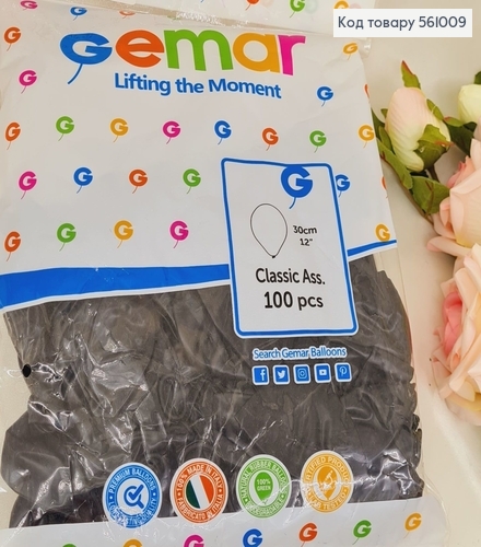 Воздушный шар латексный 12' Gemar черный матовый (30 см), 100 шт 561009 фото 1