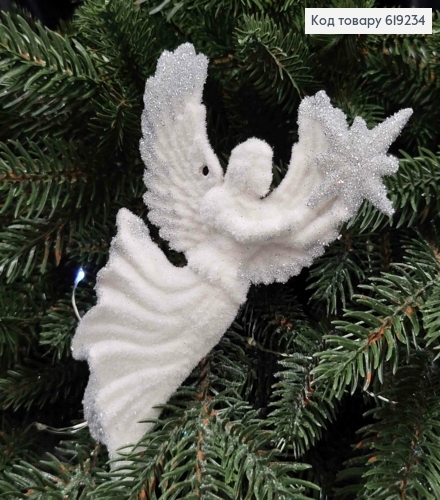 Новогодняя фигура АНГЕЛ СО ЗВЕЗДОЙ, бархат, цвет БЕЛЫЙ+СЕРЕБРО, 14см, Украина 619234 фото 1