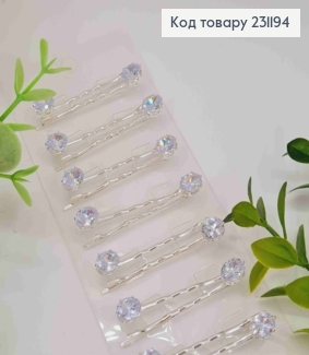 Набір невидимок (2шт), з овальним Блискучим каменем, 5см, Срібного кольору 231194 фото