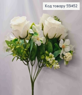 Искусственная композиция Розы с Жасмином, БЕЛОГО цвета, 7 веточек на металлическом стержне, высота 33см. 551452 фото