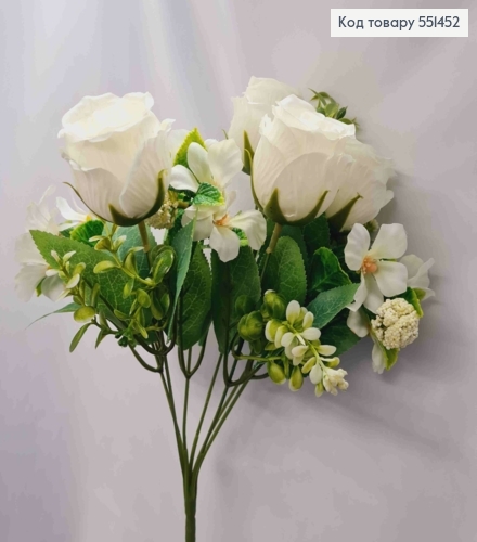 Искусственная композиция Розы с Жасмином, БЕЛОГО цвета, 7 веточек на металлическом стержне, высота 33см. 551452 фото 1