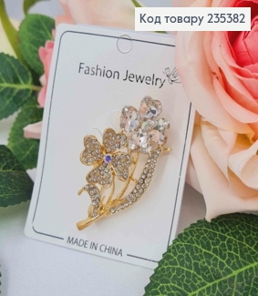 Брошь, "Нежные Цветки" украшена Блестящими камешками, 5см, Золотого цвета 235382 фото