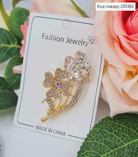 Брошь, "Нежные Цветки" украшена Блестящими камешками, 5см, Золотого цвета 235382 фото 1