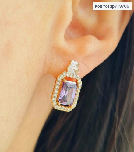 Серьги с изысканным фиолетовым камнем в оправе из камней, дл. 1,7см, англ. застежка, Xuping 18К 119706 фото 2