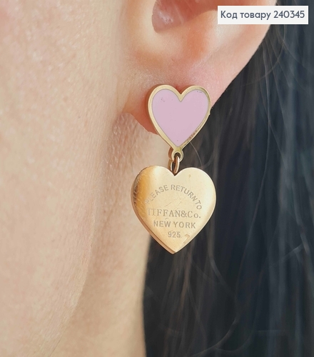 Серьги гвоздики, с подвесками сердечками, с розовой эмалью, золотого цвета, сталь Stainless Steel 240345 фото 1