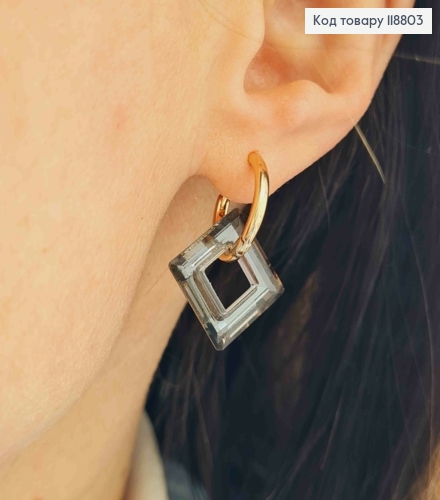 Сережки кільця з Квадратним підвісним Чорним каменем Сваровскі (2см),  діаметр 1,5см, Xuping 18К 118803 фото 3