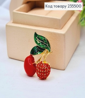 Брошка метал, "Червоні Вишні" прикрашені камінцями, 2,5*2,5см, Золотого кольору 235500 фото