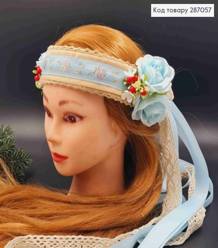 Віночок-чільце, з Квітами, Блакитний, в асорт., стрічки 68см, (гуцульський), руч. робота, Україна 287057 фото 1