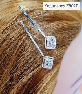 Заколка невидимка металл серебряные Ромбики с камнями 2 шт / уп цена за уп. 231027 фото