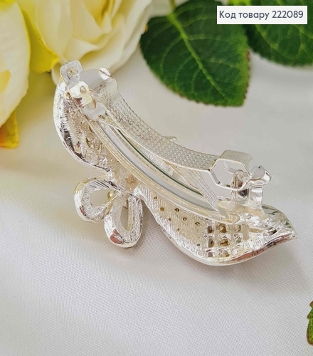 Заколка автомат металл 6*3см Бантик в камешках серебряного цвета 222089 фото 2