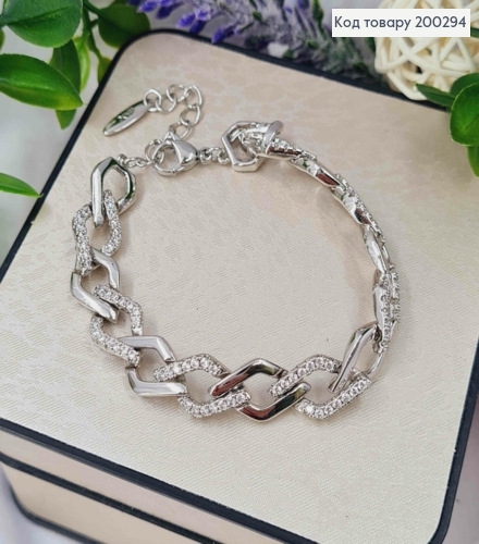 Браслет родованный плетение РОМБОВЫМИ звеньями с Блестящими камешками, длина 16,5+3см, Xuping 200294 фото 1