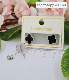 Серьги гвоздики, серебряного цвета, с черной эмалью, "Van Cleef", 1см, сталь Stainless Steel 260074 фото