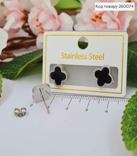 Серьги гвоздики, серебряного цвета, с черной эмалью, "Van Cleef", 1см, сталь Stainless Steel 260074 фото 1