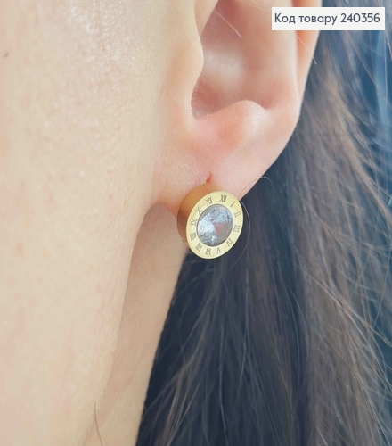 Серьги гвоздики Римские часы, лимонный цвет с большим камешком сталь Stainless Steel 260013 фото 2