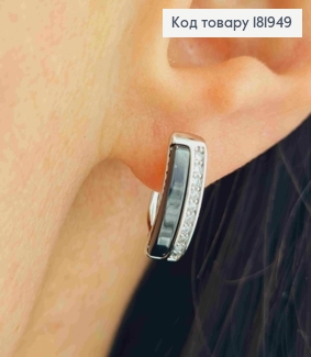 Серьги родованные с Блестящими камешками и Черной эмалью, дл. 1,5см, английская застежка, Xuping 181949 фото