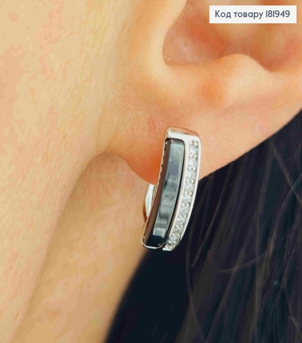 Серьги родованные с Блестящими камешками и Черной эмалью, дл. 1,5см, английская застежка, Xuping 181949 фото 1