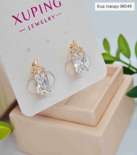 Серьги с блестящим квадратным камешком, 1,4см, английская застежка, Xuping 18K. 118049 фото 1