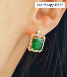 Серьги с Квадратным Зеленым камнем в оправе из камешков, дл. 1,5см, англ. застежка, Xuping 18К 119687 фото
