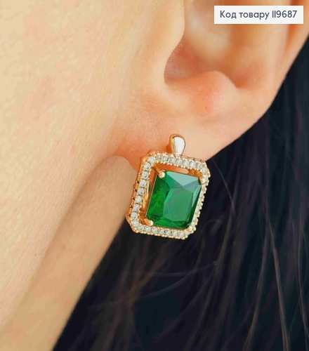 Серьги с Квадратным Зеленым камнем в оправе из камешков, дл. 1,5см, англ. застежка, Xuping 18К 119687 фото 1