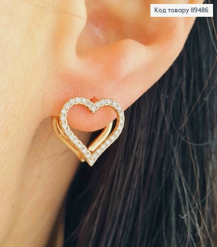 Серьги кольца "Двойное Сердце" с Блестящими камешками, 1,3см, XUPING 18К 119486 фото 1