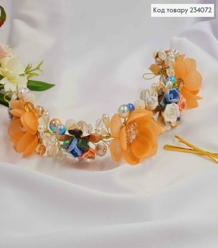 Гілочка у волосся, ручної роботи, з квітами світло-мандаринового кольору 234072 фото 2