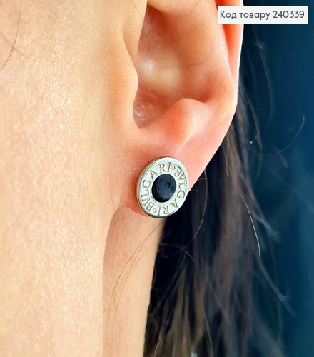 Серьги гвоздики, серебряного цвета, кружочки в стиле Булгари, 6шт/уп. с черной эмалью, Сталь Stainless Steel 240339 фото 1