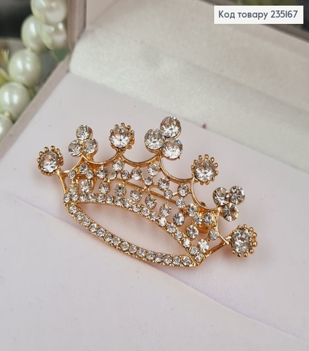Брошка метал Корона золотая с камушками 5х3см 235167 фото 1