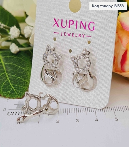 Серьги родованные, "Котики" в камнях, с сердечком, 2см, англ. зам. Xuping 181358 фото 2
