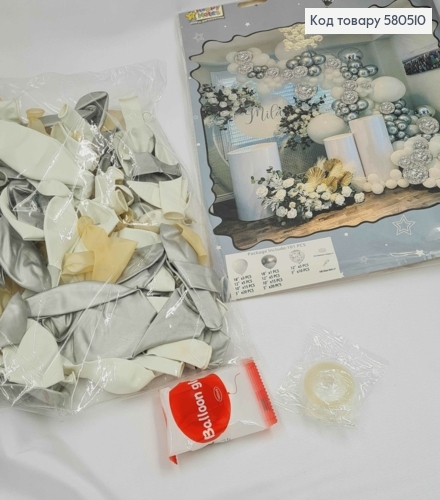 Набір повітряних куль "Фотозона"СРІБНО-БІЛІ",101шт(18"12",10",5")+2стрічки 580510 фото 1