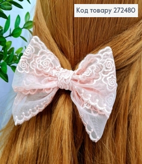 Бант ПЕРСИКОВОГО цвета, заколка 6см, ткань гипюр, 11*8см 272480 фото