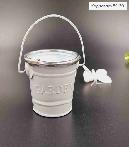 Ведерце-кашпо, металл, белого цвета с тиснением "Garden", высота 6см, Польша 591130 фото 1
