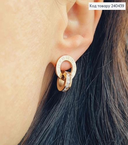 Серьги гвоздики, с двумя шайбочками, с камешками, Римские часы, сталь Stainless Steel 240439 фото 2