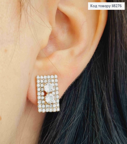 Сережки кліпси "Прямокутні" прикрашені камінцями, 1,5см, Xuping 18К 118276 фото 3