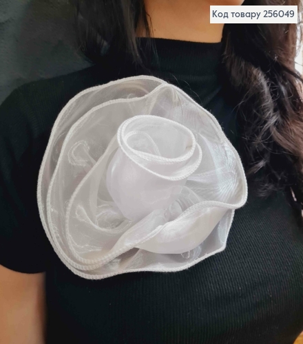 Брошь-заколка, объемная роза БЕЛОГО цвета, 16см, ткань органза кристаллин, ручная работа 256049 фото 2