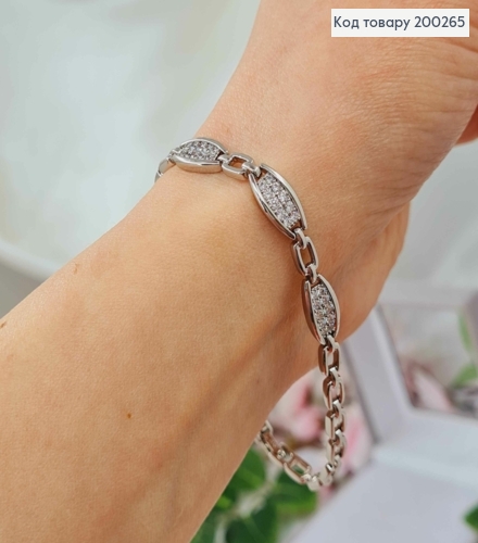 Браслет родованный, с тремя овальными пластинами в камнях 19см, Xuping 200265 фото 2