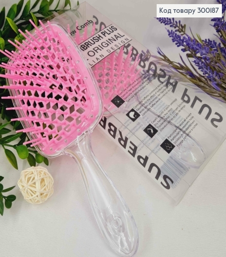 Щітка для волосся прямокутна Прозора з Рожевим, "HollowComb" Superbrush Plus, 20,5*8см 300187 фото 1